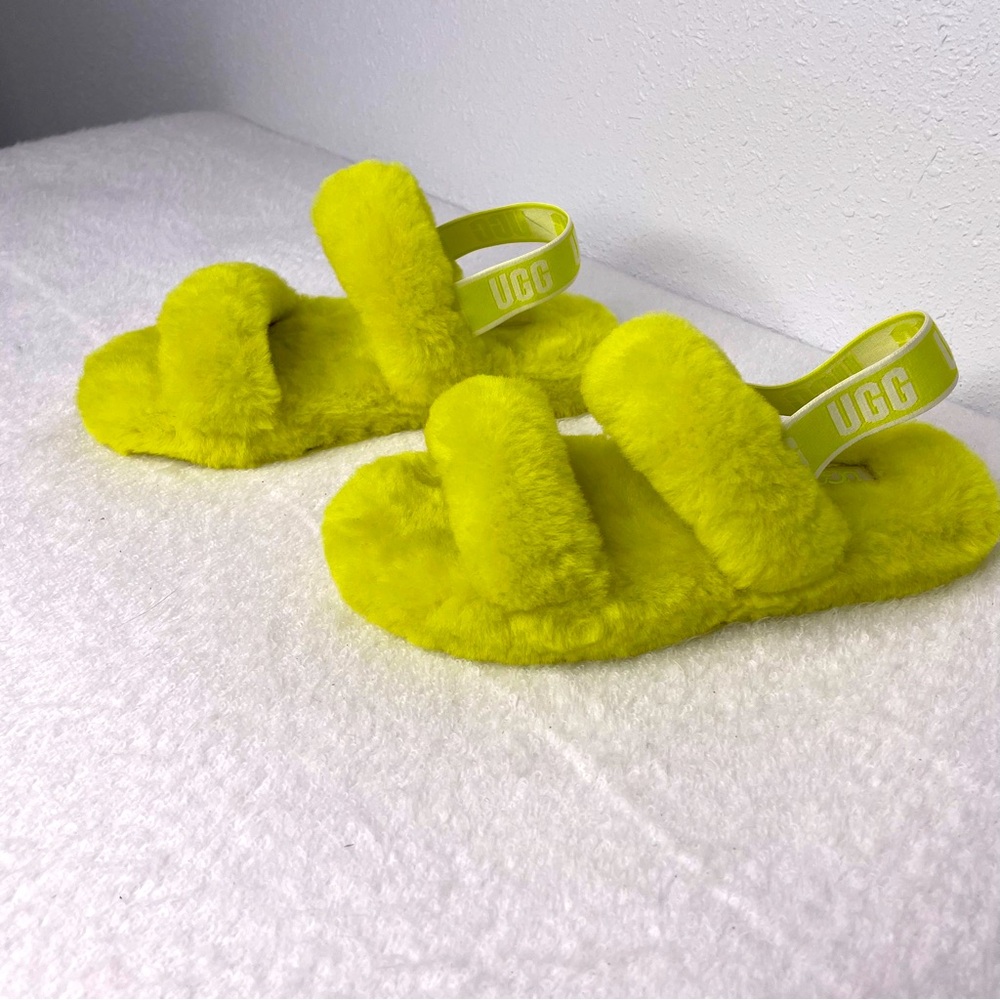 New UGG Oh Yeah Fluffy Slide Slipper in Neon Yellow / Green size 3